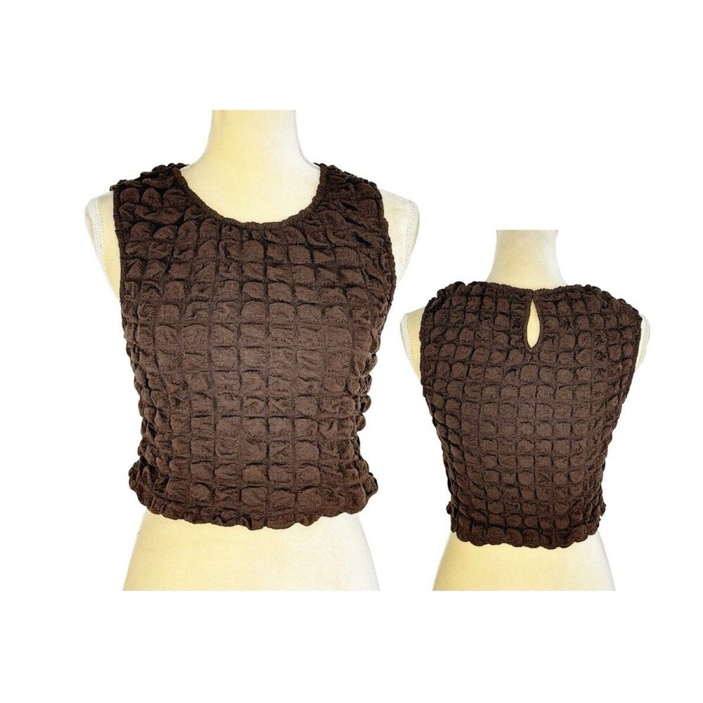 Lelis Women's Summer Popcorn Crop Tops Brown Small Round Neck Tops Tank Tops